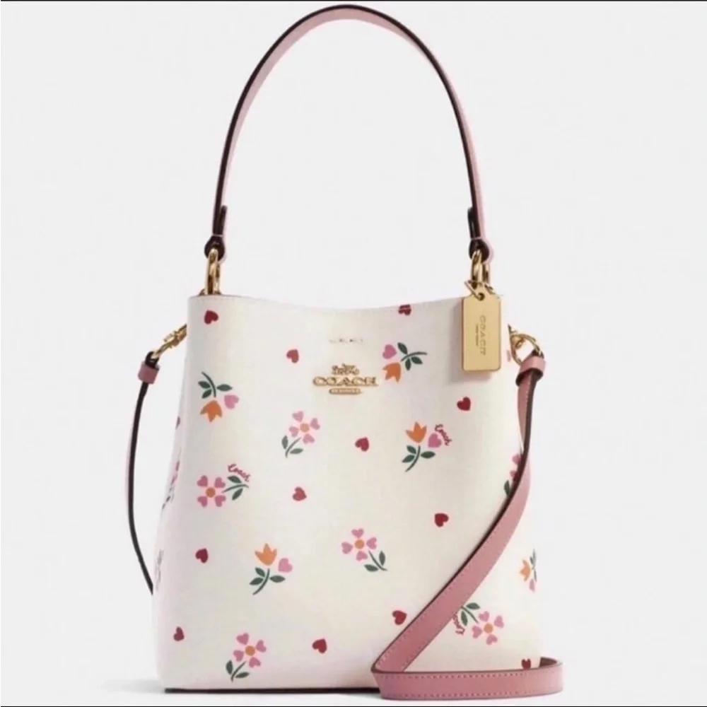 Coach Small Town Bucket Pink Leather Signature Canvas Heart Petal Print Chalk